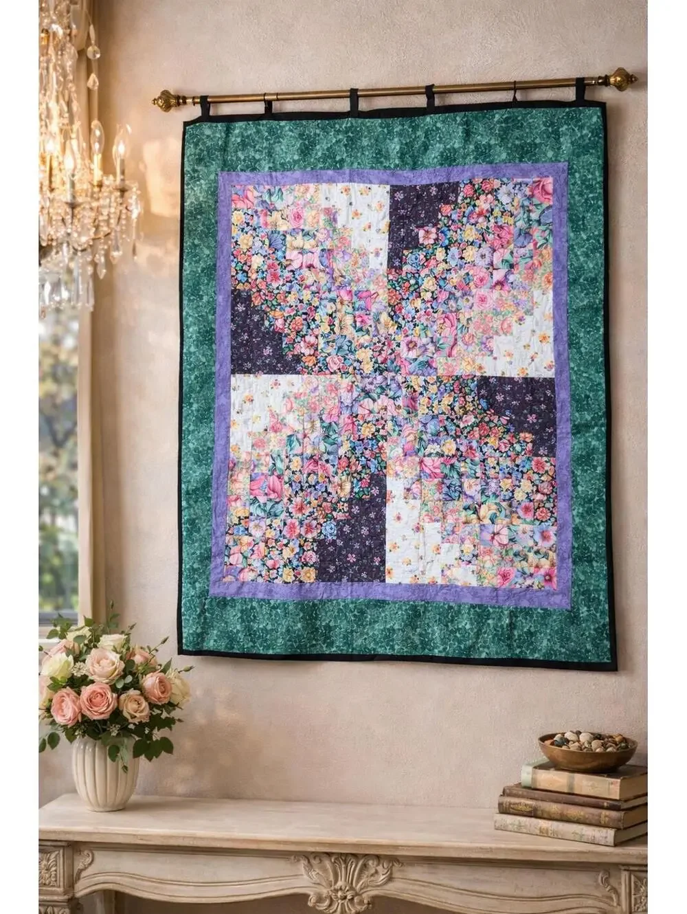 Beautiful Handmade Floral Patchwork Quilt 33 x 34 inches Wall Hanging